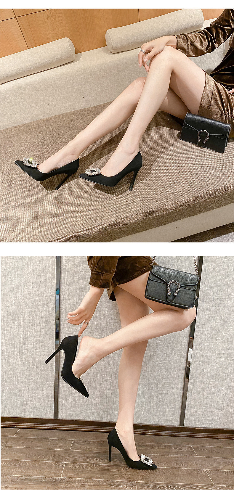韩版新款尖头黑色绒面高跟鞋女细跟舒适时尚性感方扣水钻单鞋女详情11