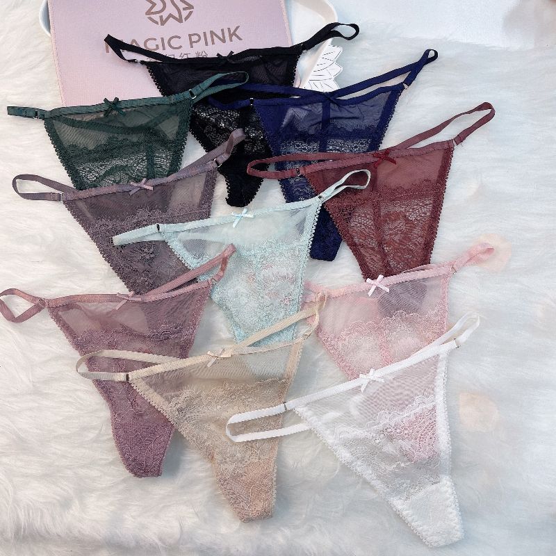 The Mystery of the Magic Box: Lace ribbon cutout Seductive triangle Pants, Cotton crotch low-waist thong, women's transparent T pants