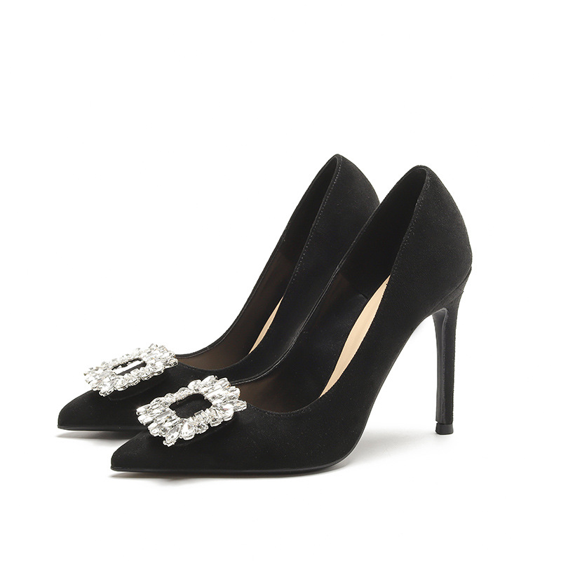 Korean Version Of The New Pointed Black Suede High Heels Women Slim With Comfortable Fashion Sexy Square Buckle Rhinester Single Shoes Women Item Picture