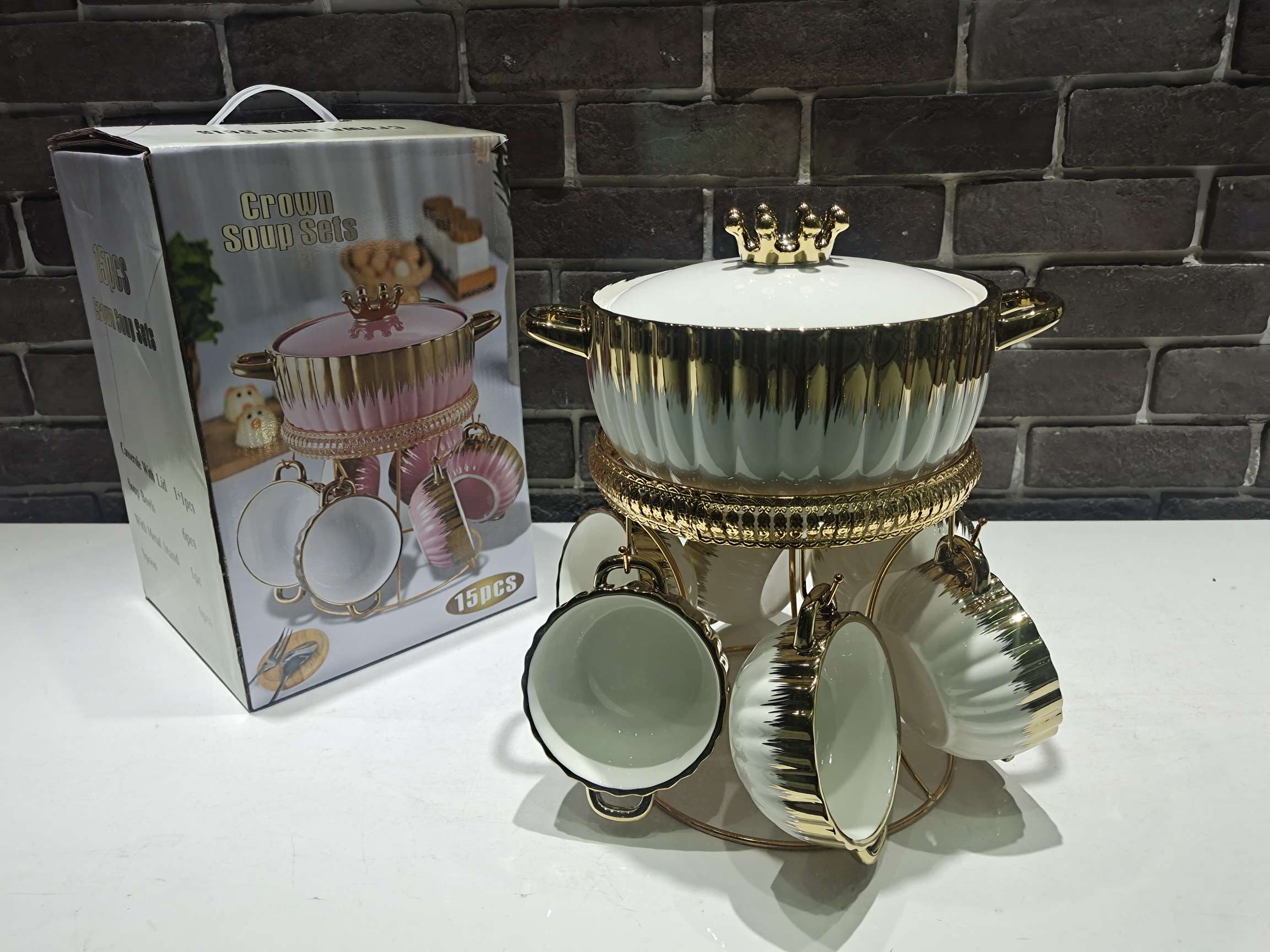 Jingdezhen Ceramic Soup Pot Gold Plated Soup Pot Soup Bowl With Rack Soup Pot Set Specification drawing