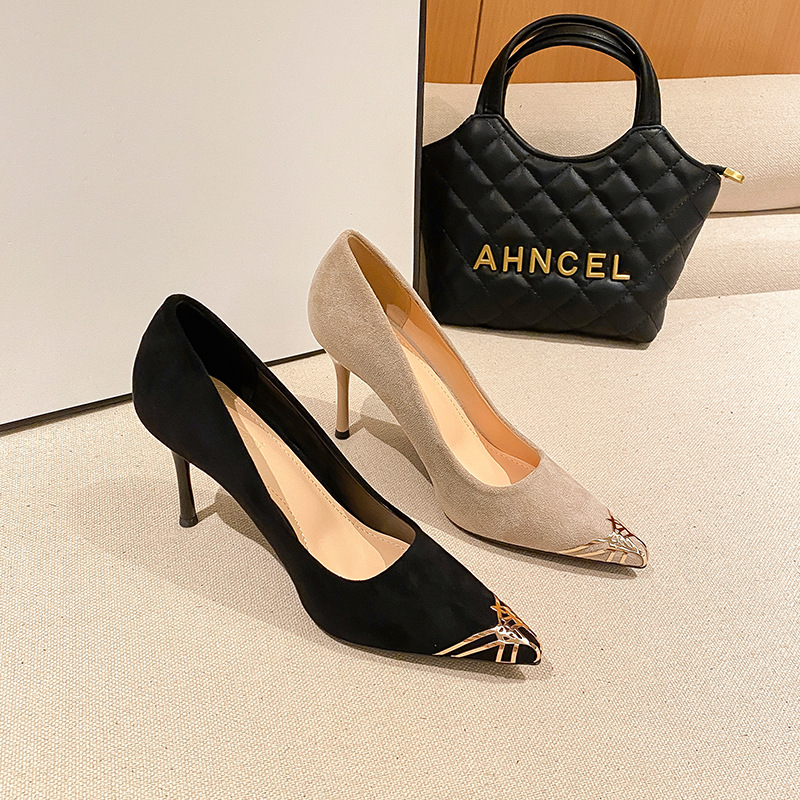 Black Professional Pointy Large-Size High Heels Women's Spring And Autumn Slim Shoes Sexy Banquet Women Suede Fashion Shoes Specification drawing