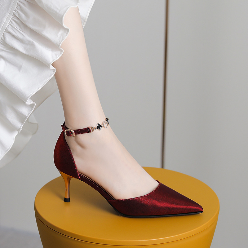31 32 33 Small Size Women's Shoes Black Satin Korean Version Of Professional One-Line High Heels Women's Mid-Heel Bao Toe Pointed Shoes