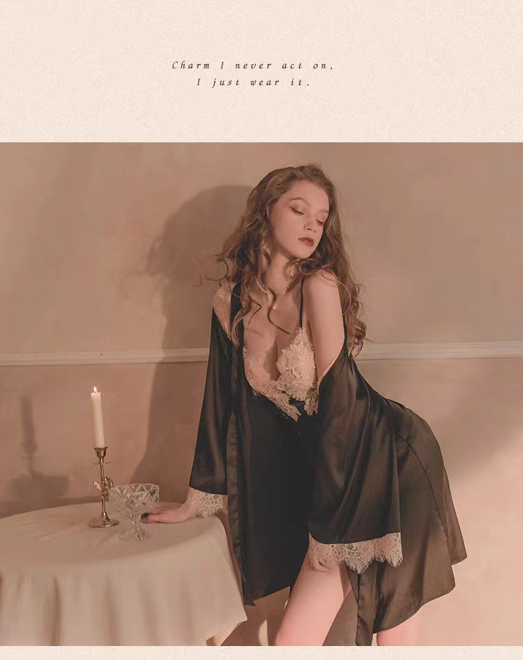 梦幻红粉性感蕾丝睡衣女冰丝情调系带内衣开叉吊带睡裙浴袍详情16