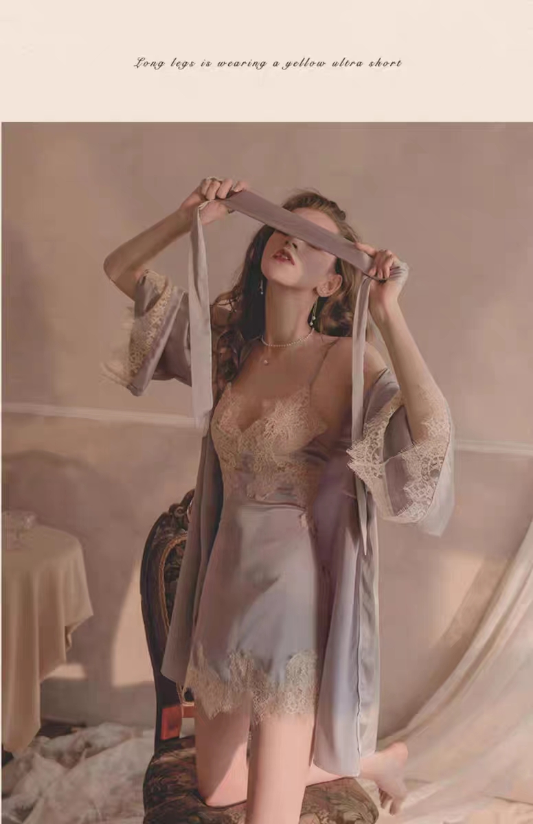 梦幻红粉性感蕾丝睡衣女冰丝情调系带内衣开叉吊带睡裙浴袍详情11