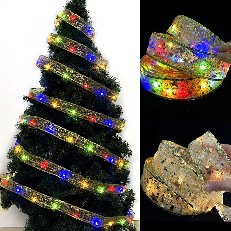 Ribbon Light String Christmas Tree Decoration Gold Ribbon String Light 4M40 Light Copper Wire Led Light With Battery Box Light String