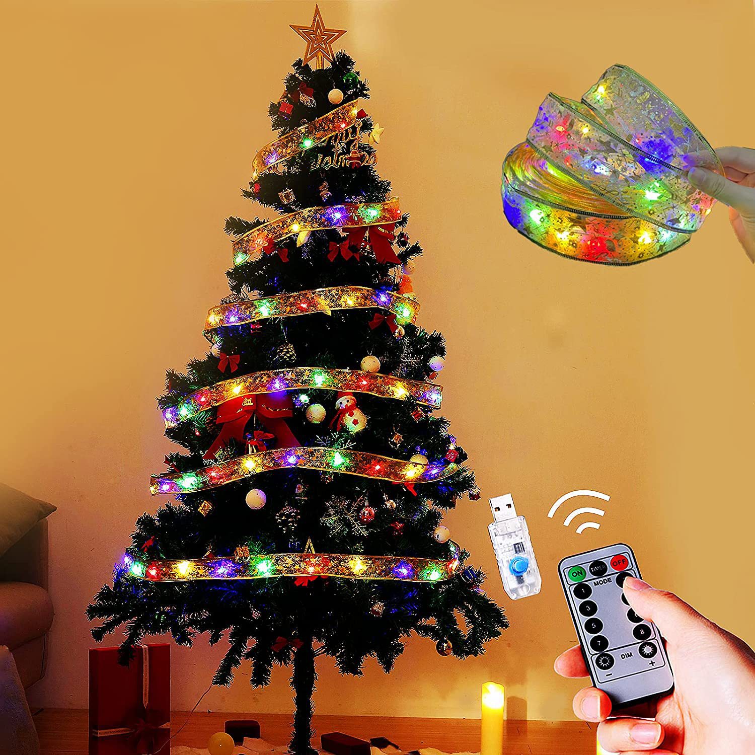 Ribbon Light String Christmas Tree Decoration Gold Ribbon String Light 4M40 Light Copper Wire Led Light With Battery Box Light String Specification drawing
