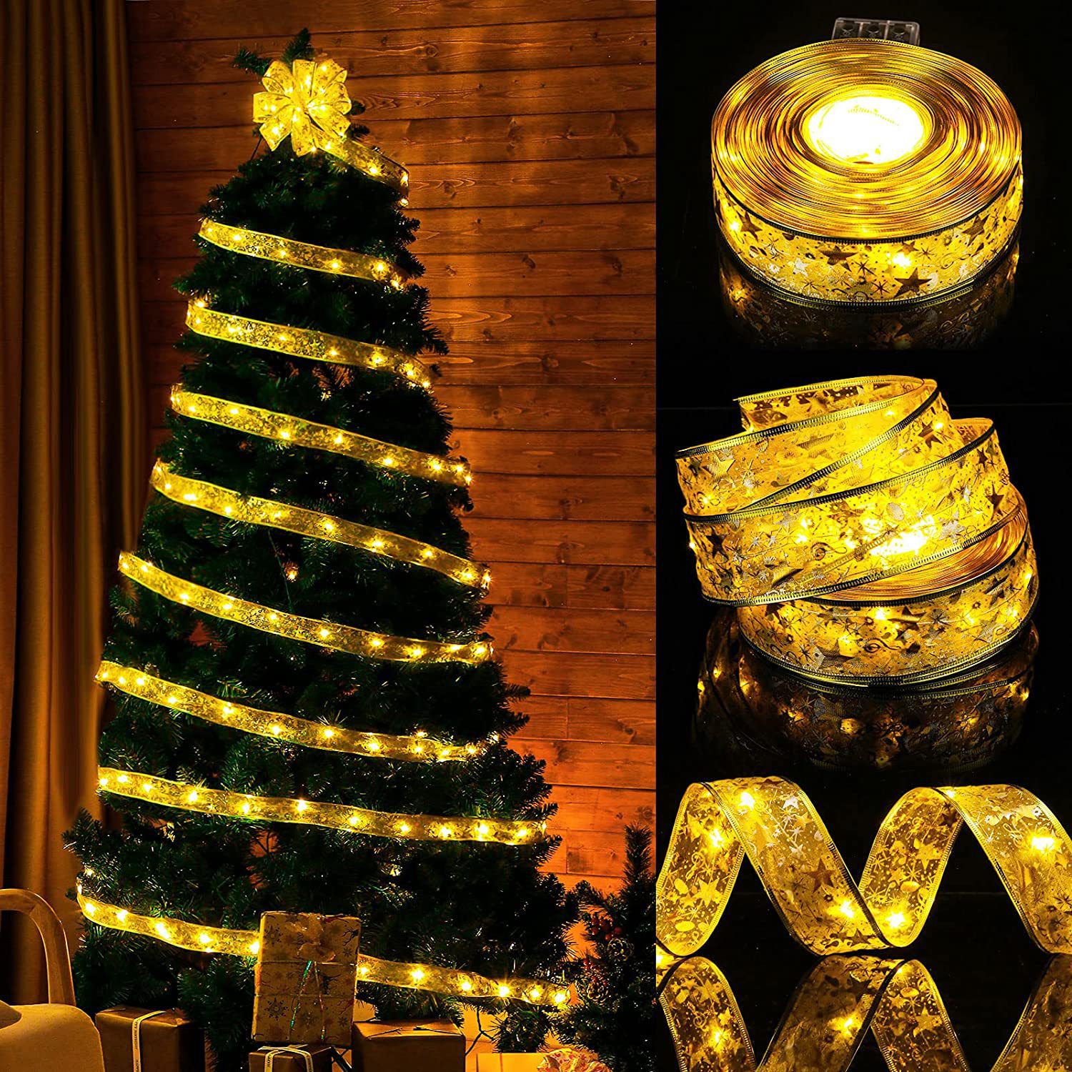 Ribbon Light String Christmas Tree Decoration Gold Ribbon String Light 4M40 Light Copper Wire Led Light With Battery Box Light String details Picture
