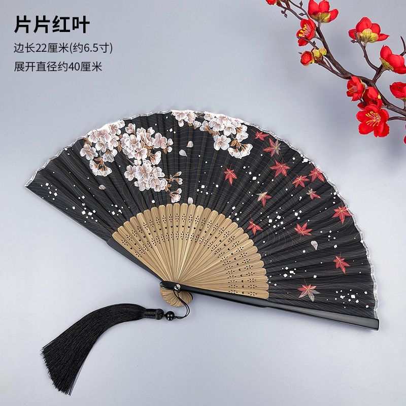 Ladies Matte lacquer Real Silk folding fan Chinese style folding fan Japanese style folding fan summer Hanfu cheongsam and wind gift dance fan Specification drawing