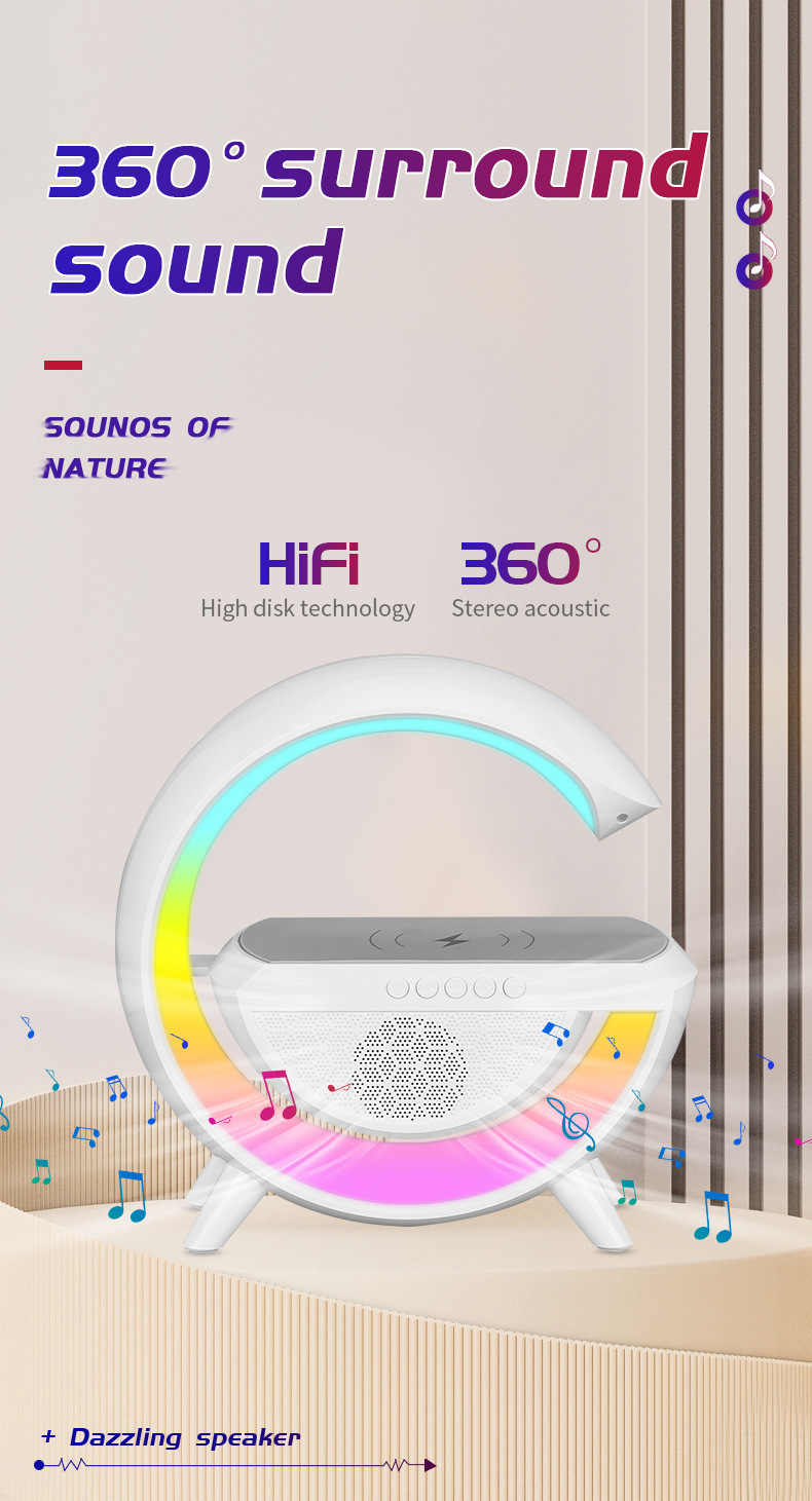 跨境智能氛围灯蓝牙音箱无线充电器床头氛围灯日出唤醒灯拾音灯大G音响详情5