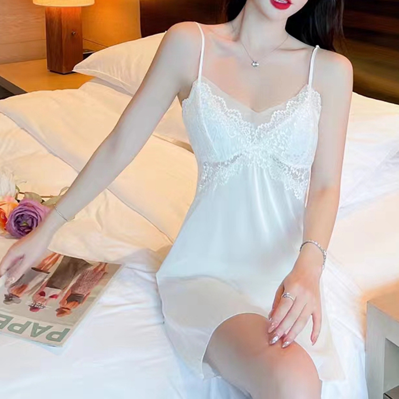 Dreamy red pink sexy pajamas V-neck lace lace with breast cushion silk slip nightdress