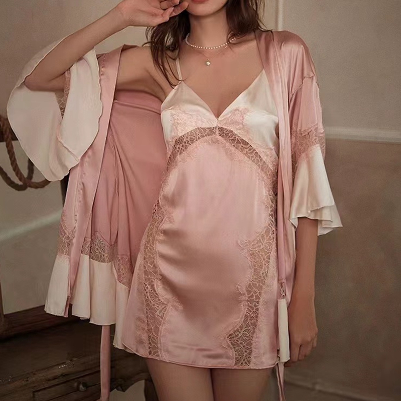 Dreamy pink sexy pajama Ladies Summer pink lace halter nightdress peplum nightgown Silk gown