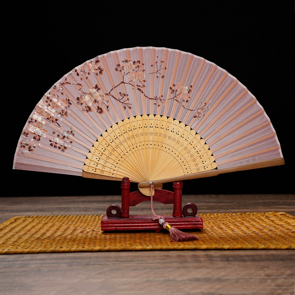 6 inch female fan carved folding fan Real silk folding fan Japanese style summer Hanfu cheongsam and wind gift dance folding fan thumbnail