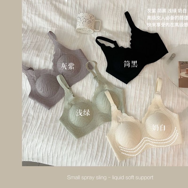 Dreamy red and pink small wave spaghetti-strap ultra-thin seamless underwear, women's lace rabbit ears, no steel rings, large chest to look small, lace-up accessory bra cover Item Picture