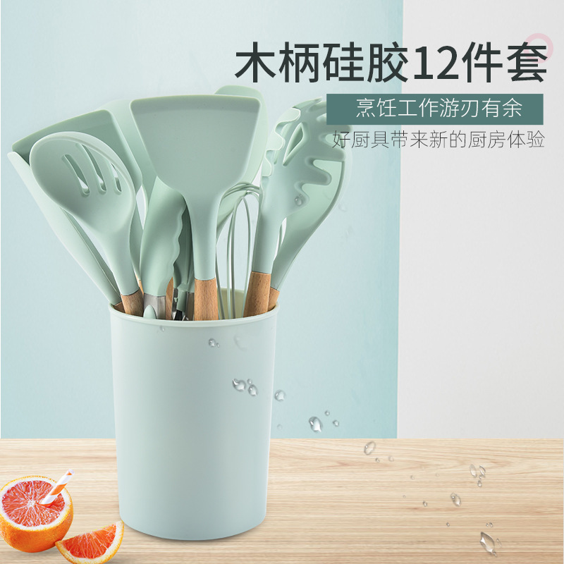 Supply new silicone kitchenware 12-piece wooden handle non-stick pan shovel kitchenware set kitchen storage bucket thumbnail