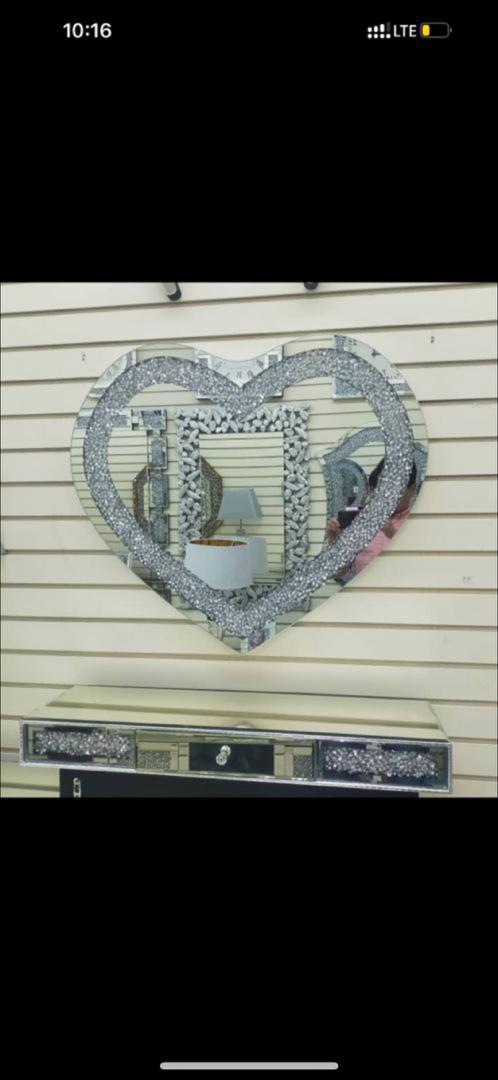 Shining Silver Diamond Heart Makeup Table Mirror With Bevelled Edge details Picture
