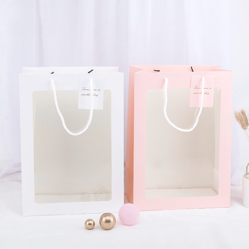 Gift bag Transparent window pvc visible flowers to sunflower gift wrap shopping bag Paper tote bag
