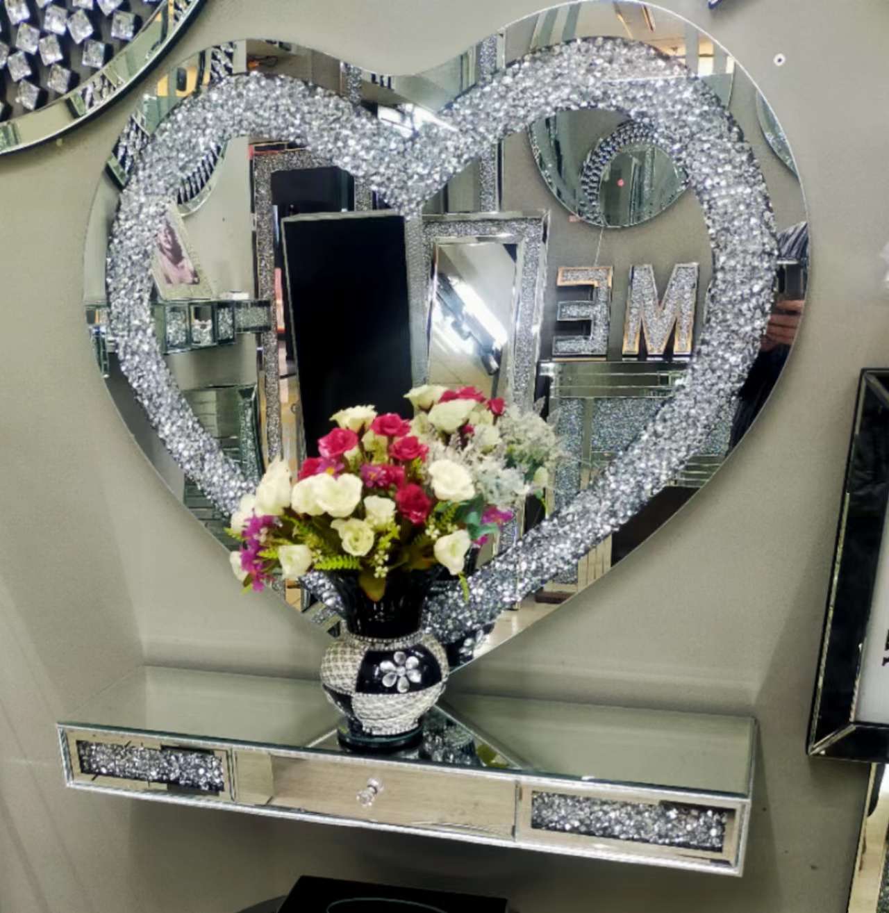 Shining Silver Diamond Heart Makeup Table Mirror With Bevelled Edge