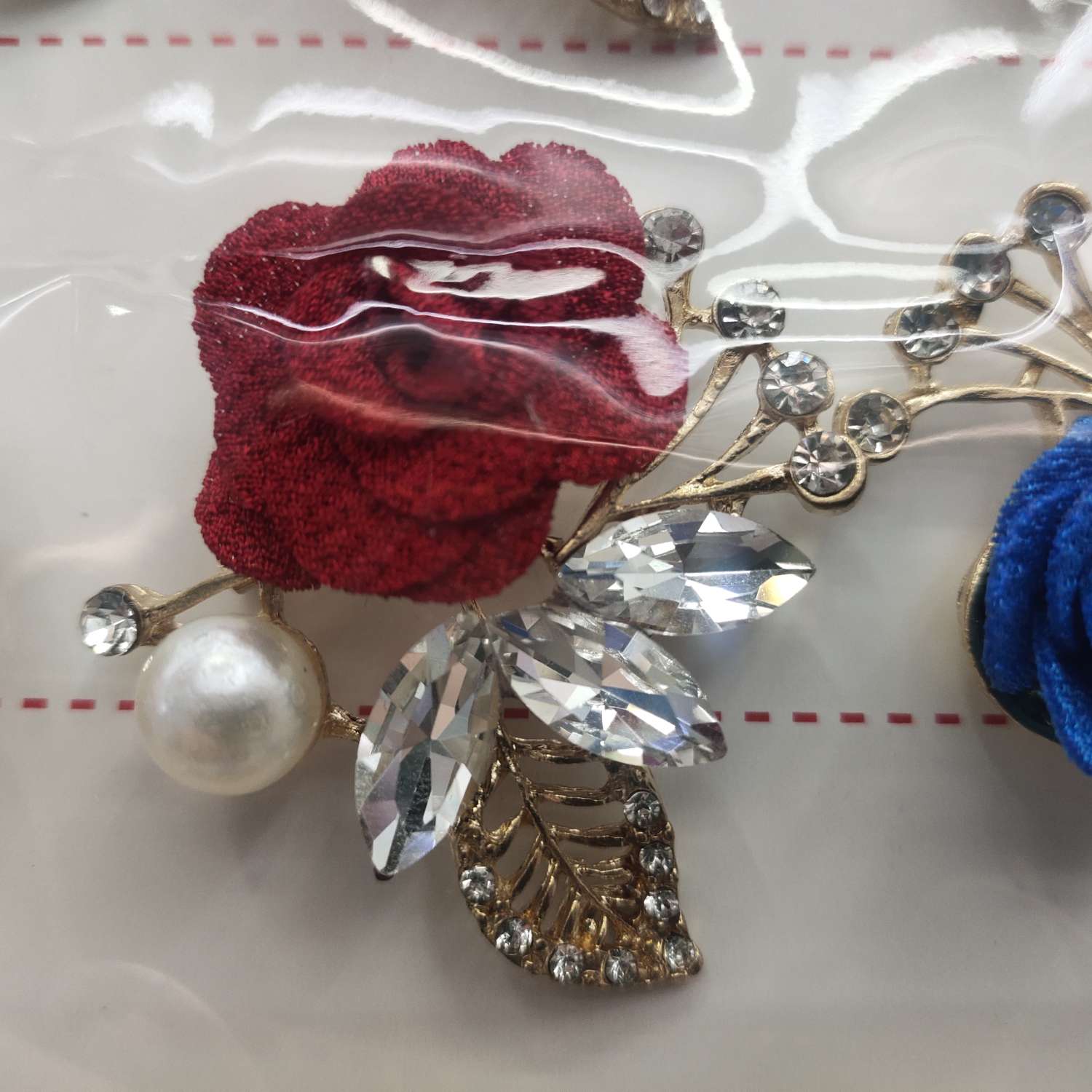 Brooch Flowers Lake Blue, Bright Red, White details Picture