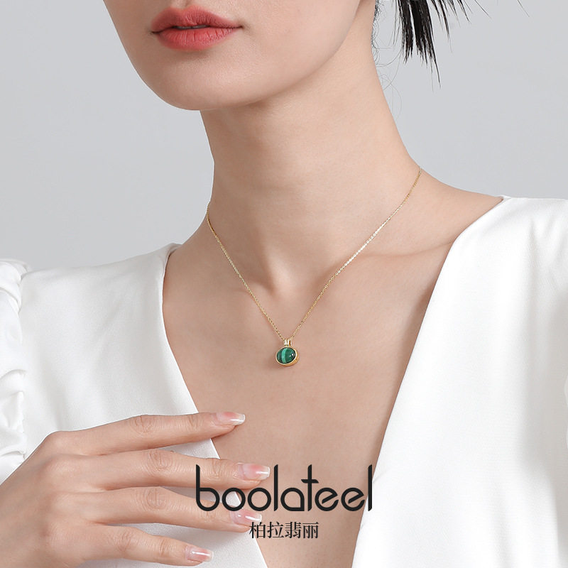 Pelek Philippe S925 silver malachite simple pendant retro palace style light luxury clavicle chain necklace wholesale full figure