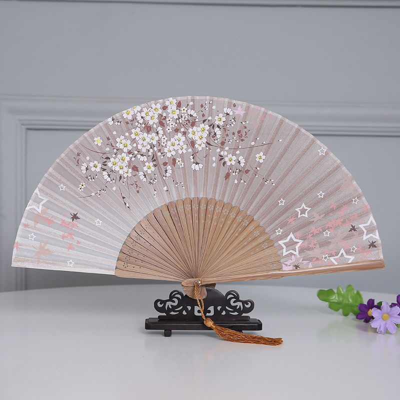 6-inch delicate real silk folding fan Women's real silk folding fan National Style folding fan Japanese style summer Hanfu cheongsam kimono matching hand-held folding fan boutique folding fan dance folding fan Specification drawing