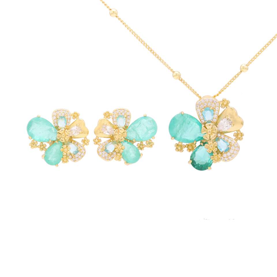 Gold plating zircon three-dimensional flower necklace earrings heavy industry light luxury fashion jewelry set wholesale
