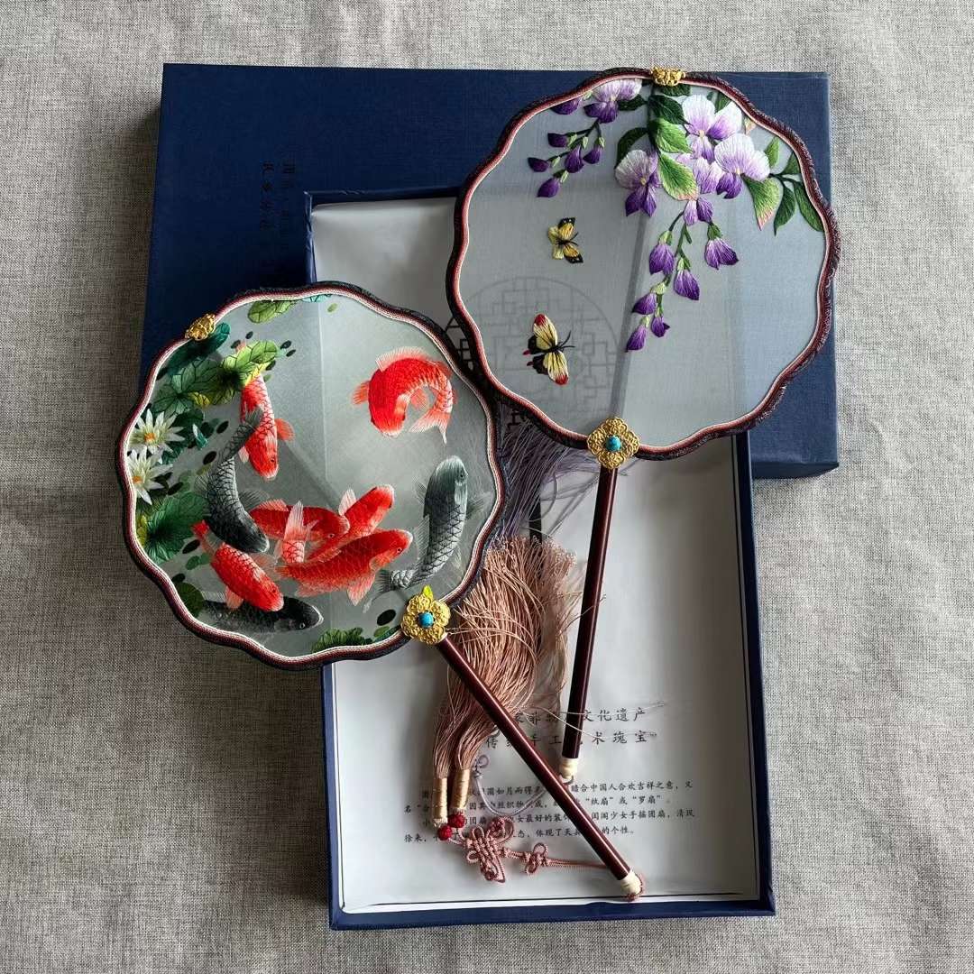 Double-Sided Embroidery Of Song Brocade Palace Fan Suzhou Hand-Made Double-Sided Embroidered Palace Fan With Warped Head And Red Wood Handle Palace Fan Embroidery Treasures Palace Fan Intangible Cultural Palace Fan Art Treasure Gift Ornaments undefined