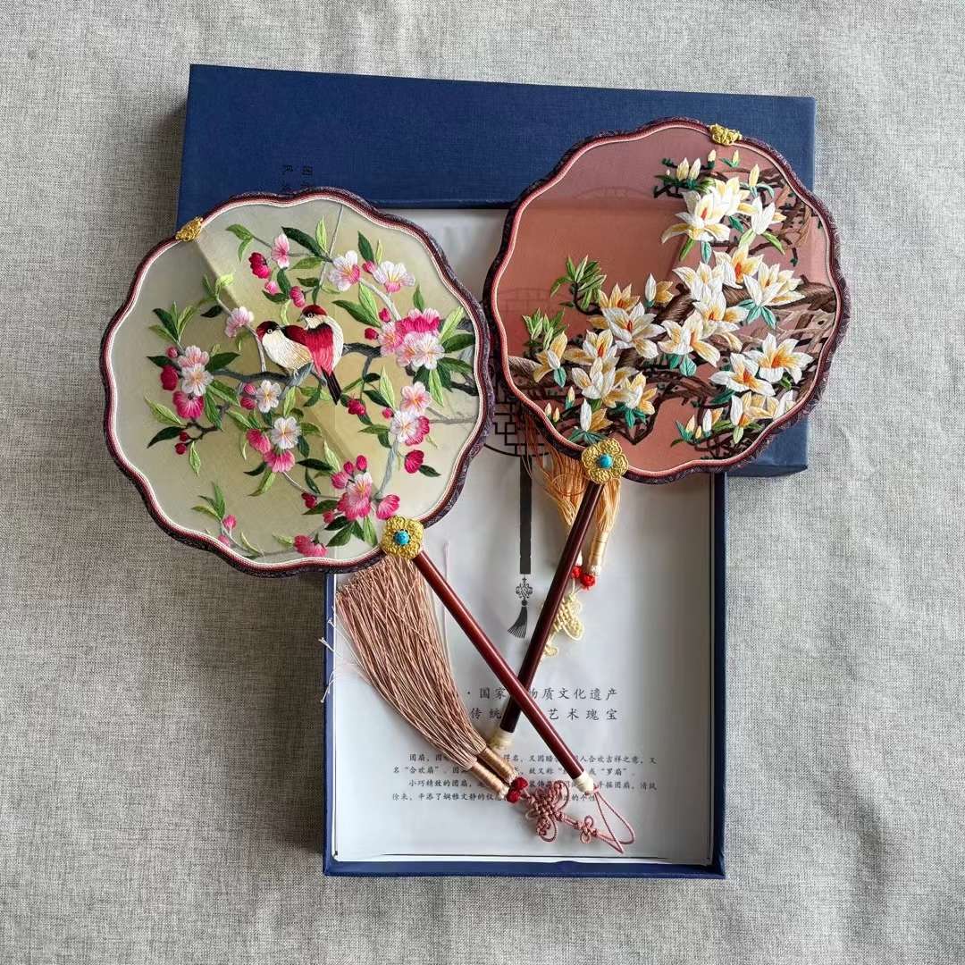 Double-Sided Embroidery Of Song Brocade Palace Fan Suzhou Hand-Made Double-Sided Embroidered Palace Fan With Warped Head And Red Wood Handle Palace Fan Embroidery Treasures Palace Fan Intangible Cultural Palace Fan Art Treasure Gift Ornaments undefined