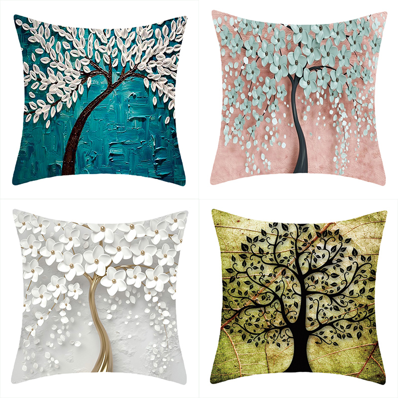Cross-border three-dimensional oil painting trees flowers hemp cushion hold pillowcase car waist back cushion thumbnail
