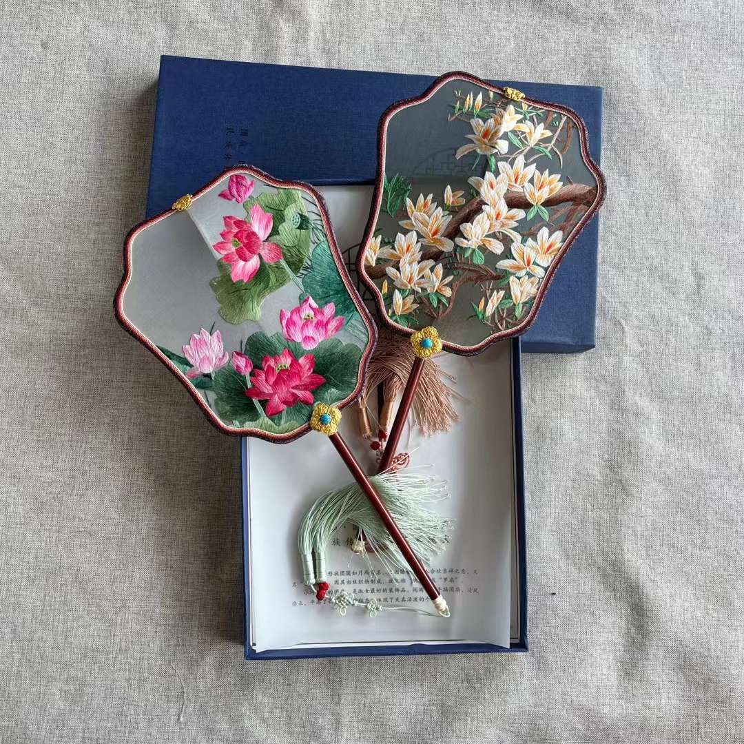 Double-Sided Embroidery Of Song Brocade Palace Fan Suzhou Hand-Made Double-Sided Embroidered Palace Fan With Warped Head And Red Wood Handle Palace Fan Embroidery Treasures Palace Fan Intangible Cultural Palace Fan Art Treasure Gift Ornaments undefined
