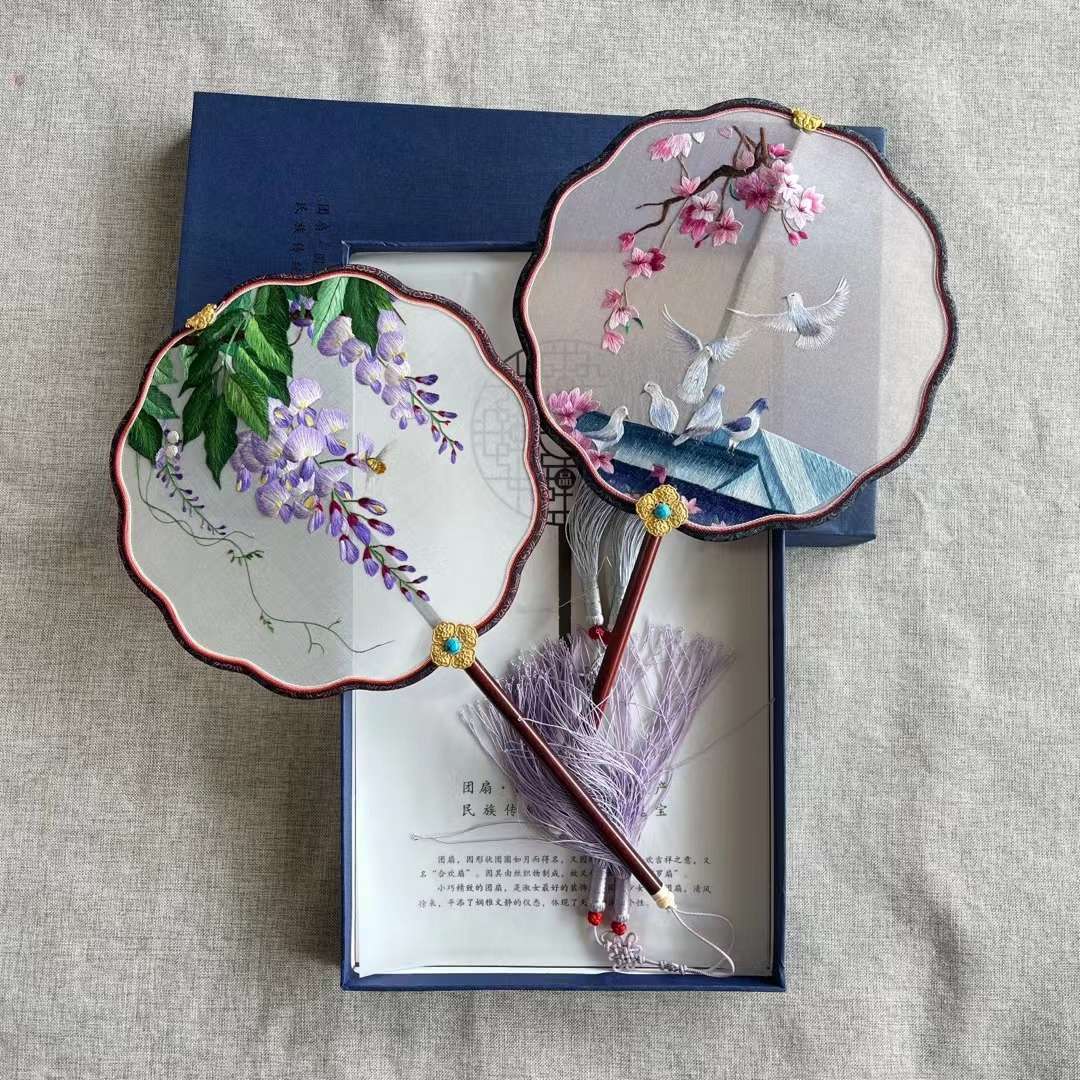 Double-Sided Embroidery Of Song Brocade Palace Fan Suzhou Hand-Made Double-Sided Embroidered Palace Fan With Warped Head And Red Wood Handle Palace Fan Embroidery Treasures Palace Fan Intangible Cultural Palace Fan Art Treasure Gift Ornaments undefined