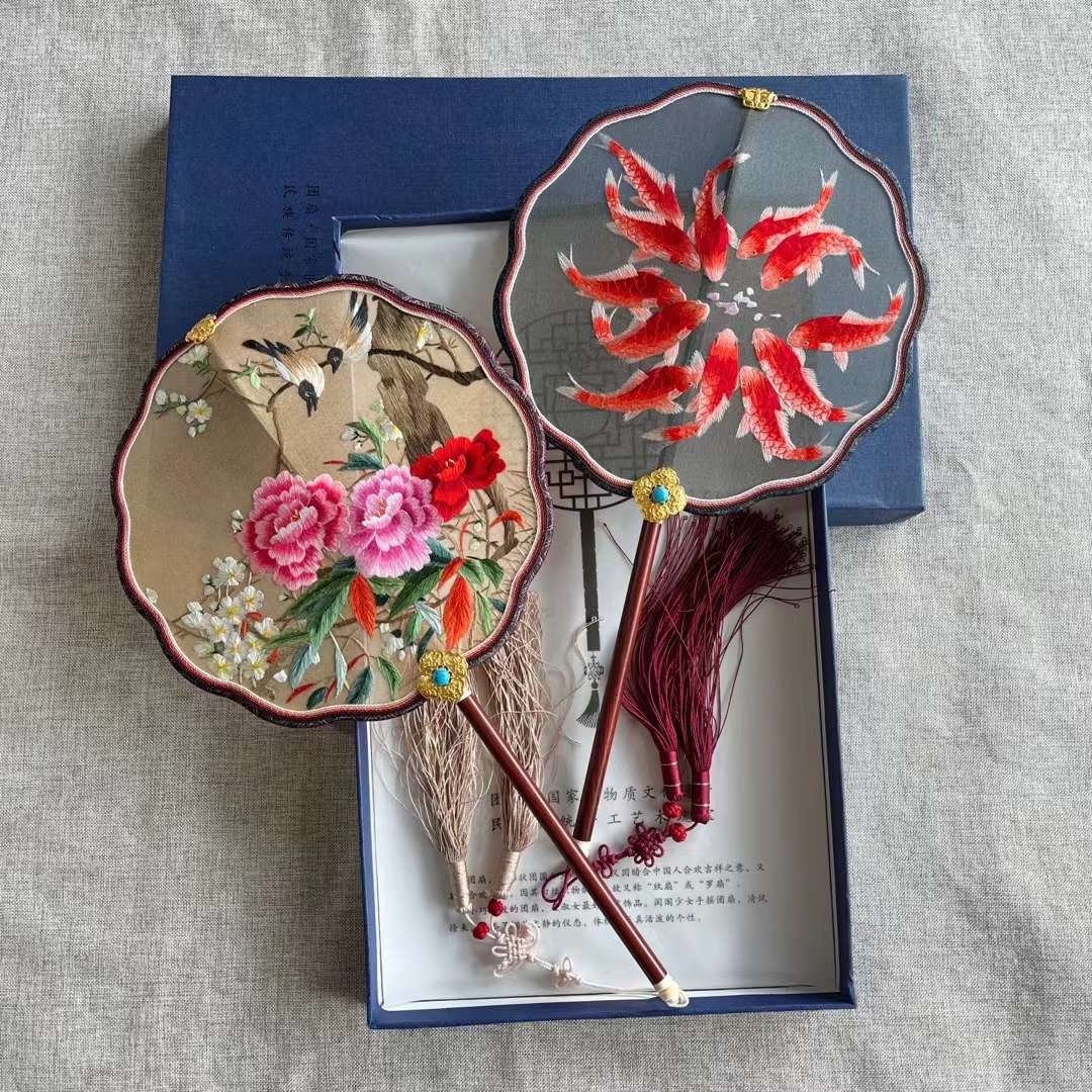 Double-Sided Embroidery Of Song Brocade Palace Fan Suzhou Hand-Made Double-Sided Embroidered Palace Fan With Warped Head And Red Wood Handle Palace Fan Embroidery Treasures Palace Fan Intangible Cultural Palace Fan Art Treasure Gift Ornaments undefined