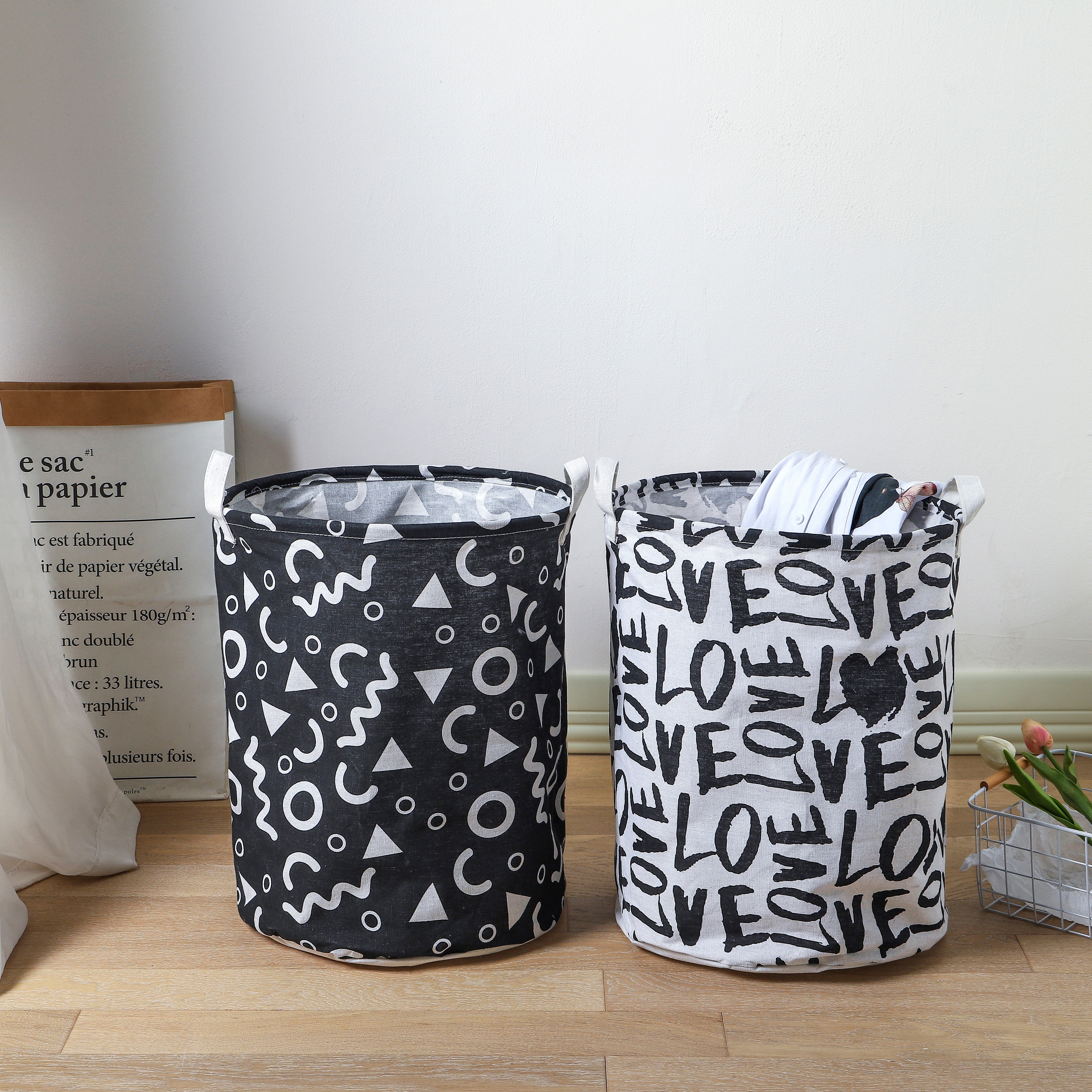 Cotton linen cartoon fabric dirty clothes basket collapsible waterproof dirty clothes basket round fabric storage bucket wholesale canvas large