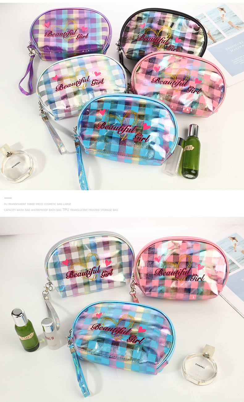 镭射炫彩渐变烫金化妆包收纳包韩国大容量便携随身女生洗漱包女袋手拿包洗漱化妆包PVC化妆包渐变皮质花纹化妆品收纳包创意包款详情9