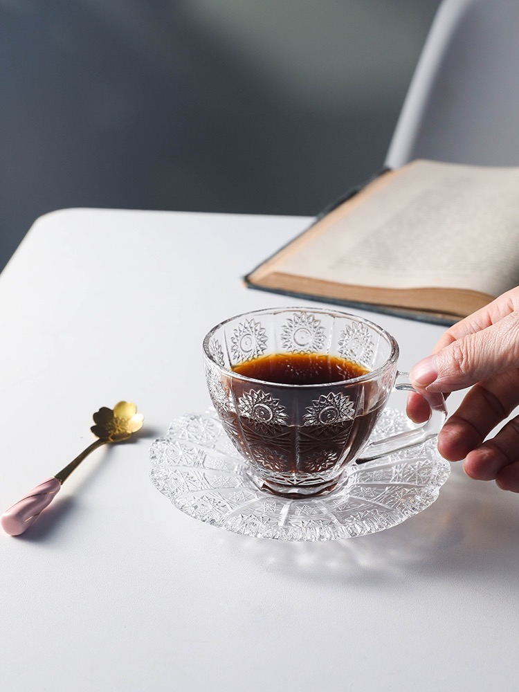 Vintage Home Hanging Ear Coffee Cup With Saucer Small Exquisite Transparent Glass Afternoon Teacup Ladies European Ins Style Transparent details Picture