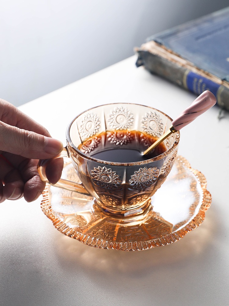 Vintage Home Hanging Ear Coffee Cup With Saucer Small Exquisite Transparent Glass Afternoon Teacup Ladies European Ins Style Transparent Specification drawing