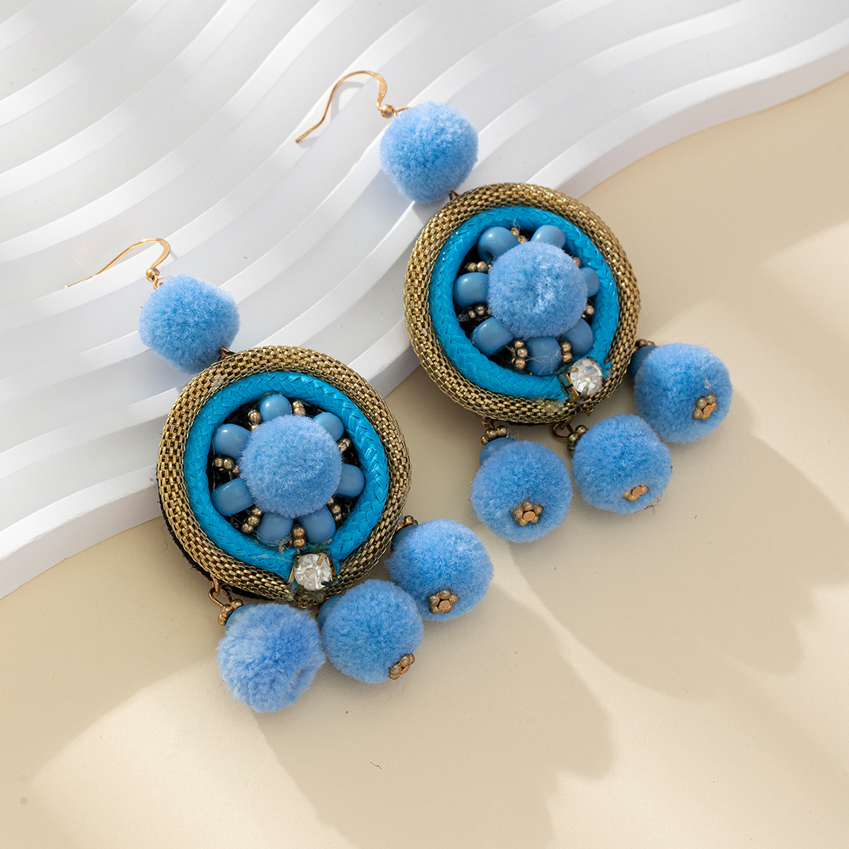 Hairball Sky Blue Earring girl Boho wind pom pom earring girl Retro Ethnic romantic Sue earring