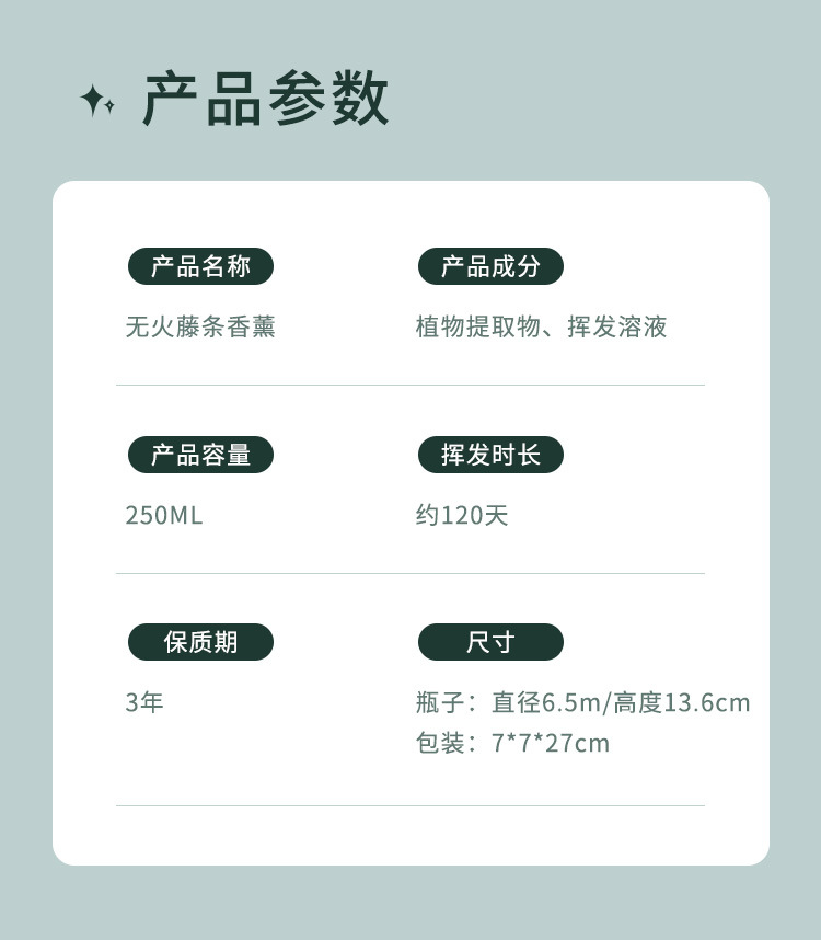 新款250ml大容量绿瓶无火香薰摆件客厅净化空气藤条挥发香氛礼品批发详情2