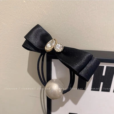Fabric High Sense Simple Pearl Bow Hair Rope Back Head Pan Hair Texture Hair Rope