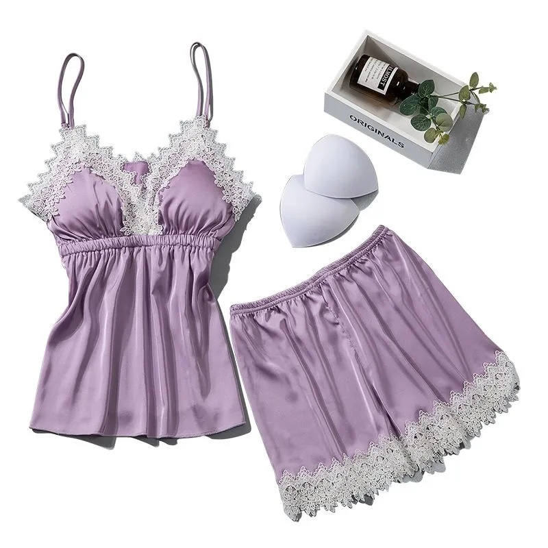 2023 New Women's Imitation Silk Pajamas Water-Soluble Embroidery Lace Sexy Suspenders Breast Pad Large Size European And American Home Wear