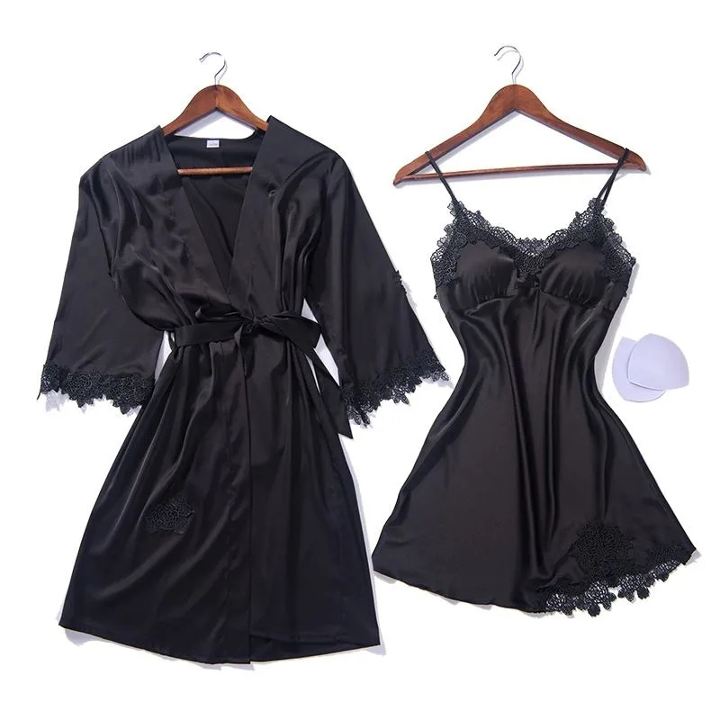 2023 New Korean Version Of Pajamas Set Sexy Hanging Skirt Embroidery Flower Robe Imitation Silk Home Clothing Manufacturers Wholesale Specification drawing