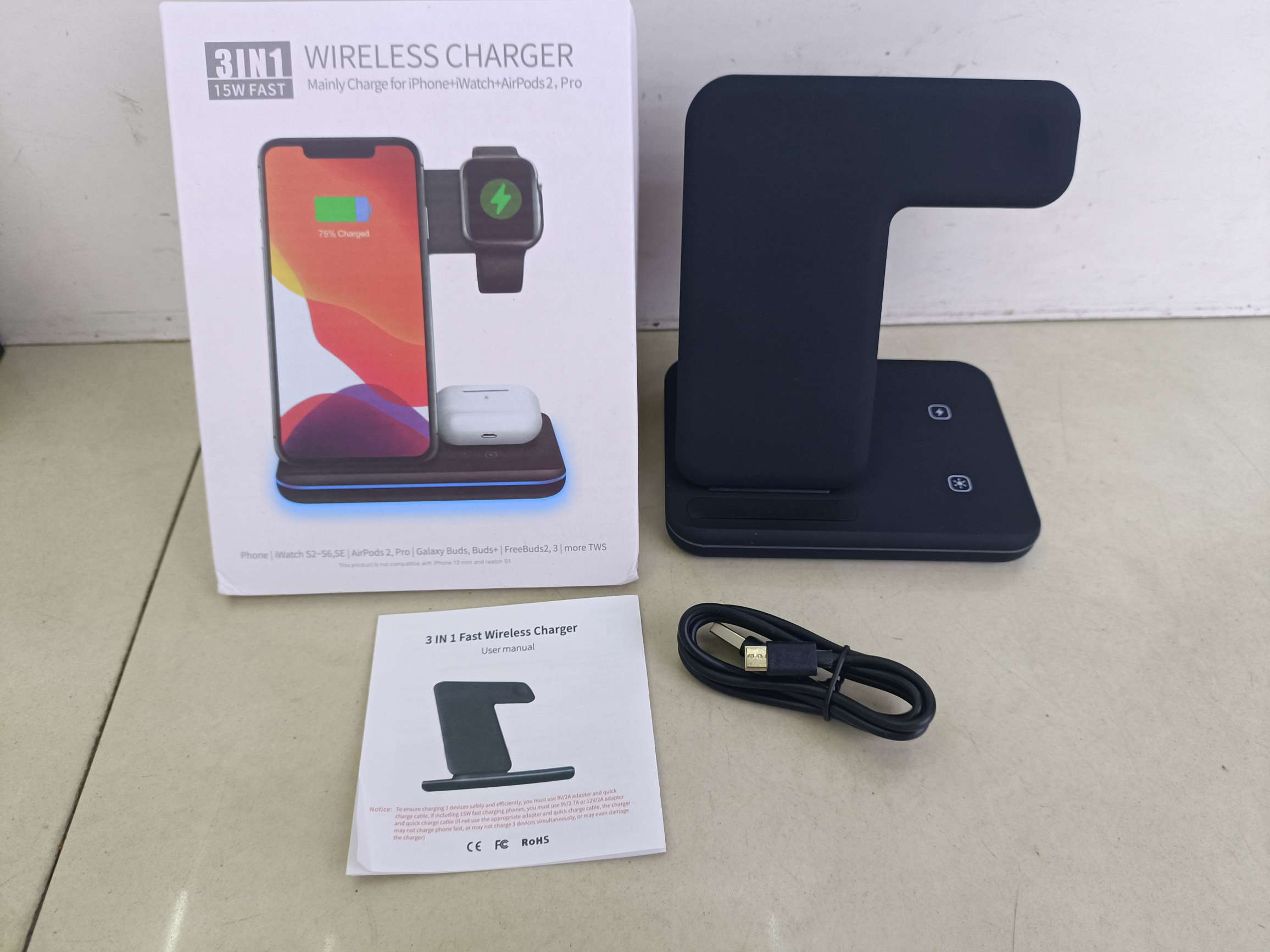 3-in-1 wireless charger Mobile phone stand charger Mobile phone charging watch charging Bluetooth headset charging full figure
