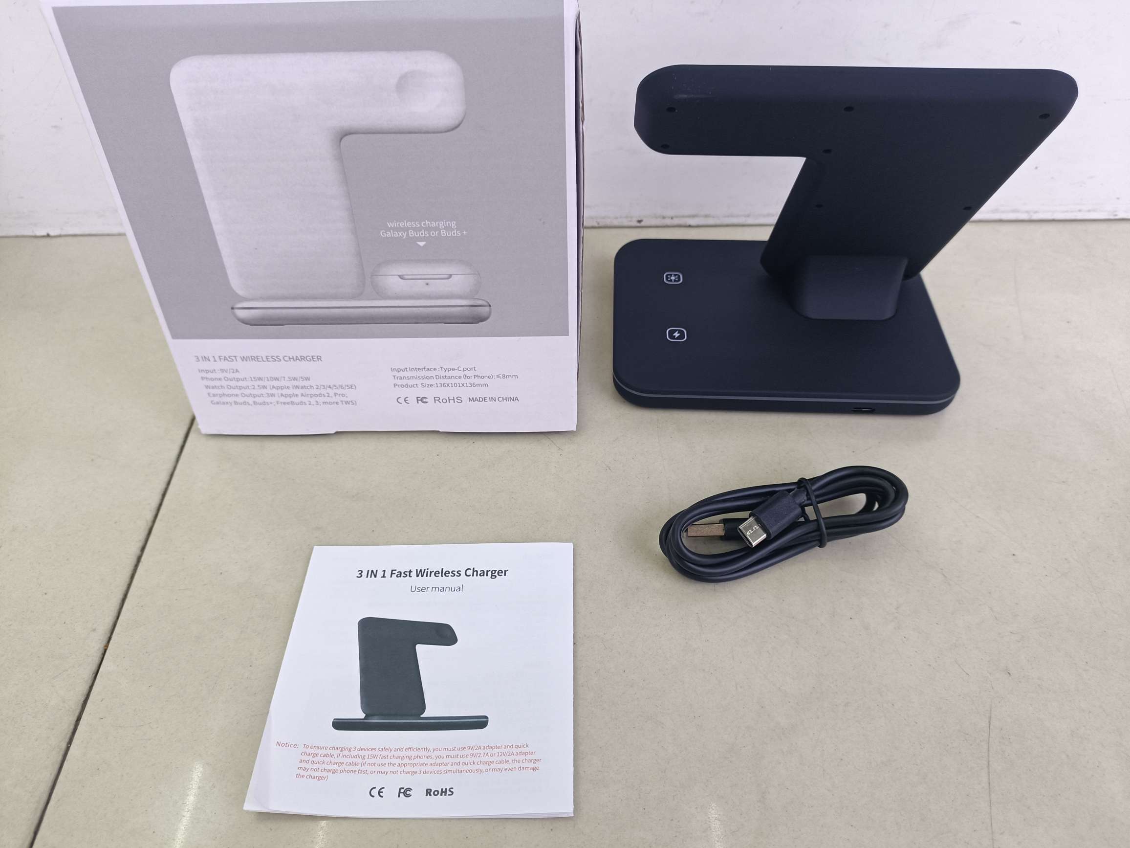 3-in-1 wireless charger Mobile phone stand charger Mobile phone charging watch charging Bluetooth headset charging Specification drawing