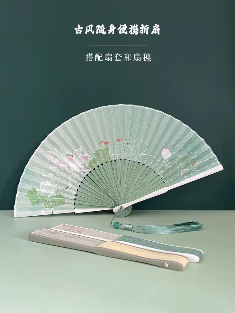 Chinese Wind Folding Fan Silk Silk Hanfu Craft Fan Ancient Style Lotus Freesia Five Golden Flower Fan Summer Gift Photography Props Folding Fan Wholesale details Picture