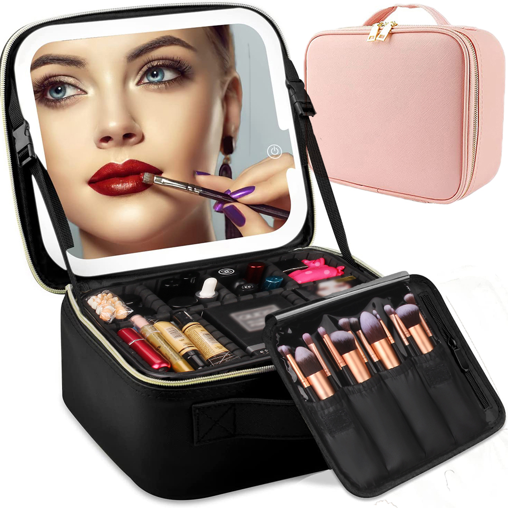 Amazon LED Makeup Case with Light with Mirror Travel divider Makeup Bag Portable Portable large capacity storage bag thumbnail
