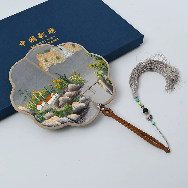 Hand-Embroidered Imperial Fan Ancient Style Embroidery Imperial Fan Silk Double-Sided Embroidery Color Wrapped Imperial Fan Classical Embroidered Imperial Fan Gift Set Hanfu Cheongsam With Imperial Fan Factory Direct Sales details Picture