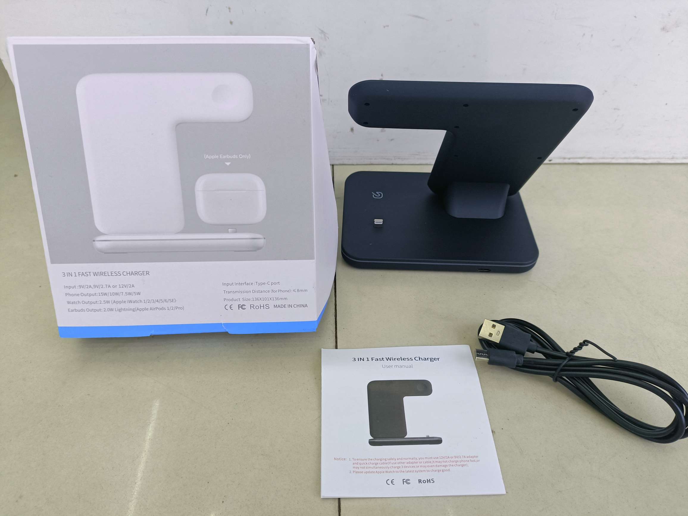 3-in-1 Wireless charging stand with Apple Plug Mobile Phone Wireless charging Mobile phone Wireless charging Headphone plug charging Specification drawing