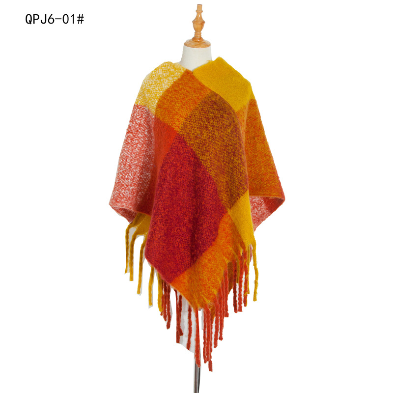 Amazon Hot European And American Style New Autumn And Winter Women's Shawls Thick Tassel Loops Yarn Plaid Cape