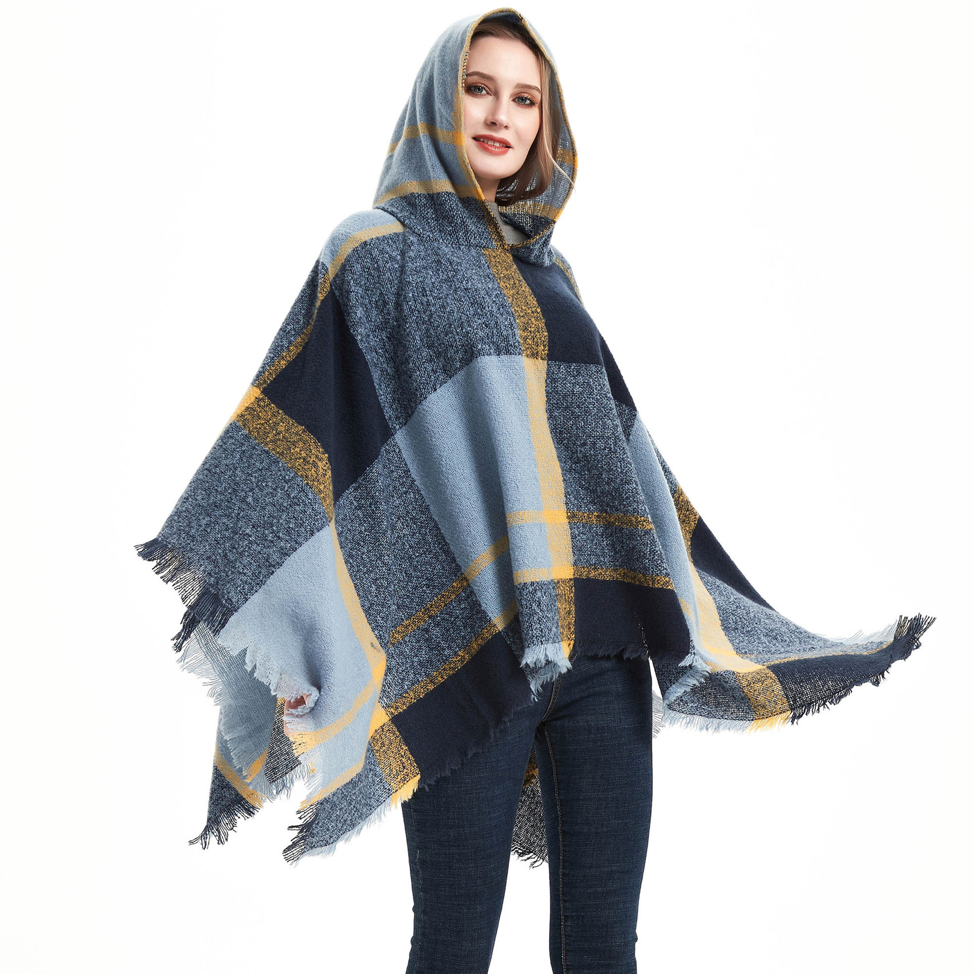 Manufacturers Directly Supply Europe And The United States Spring And Autumn Winter Spot Ring Sand Check Blue Women's Cape Hooded Cape Specification drawing
