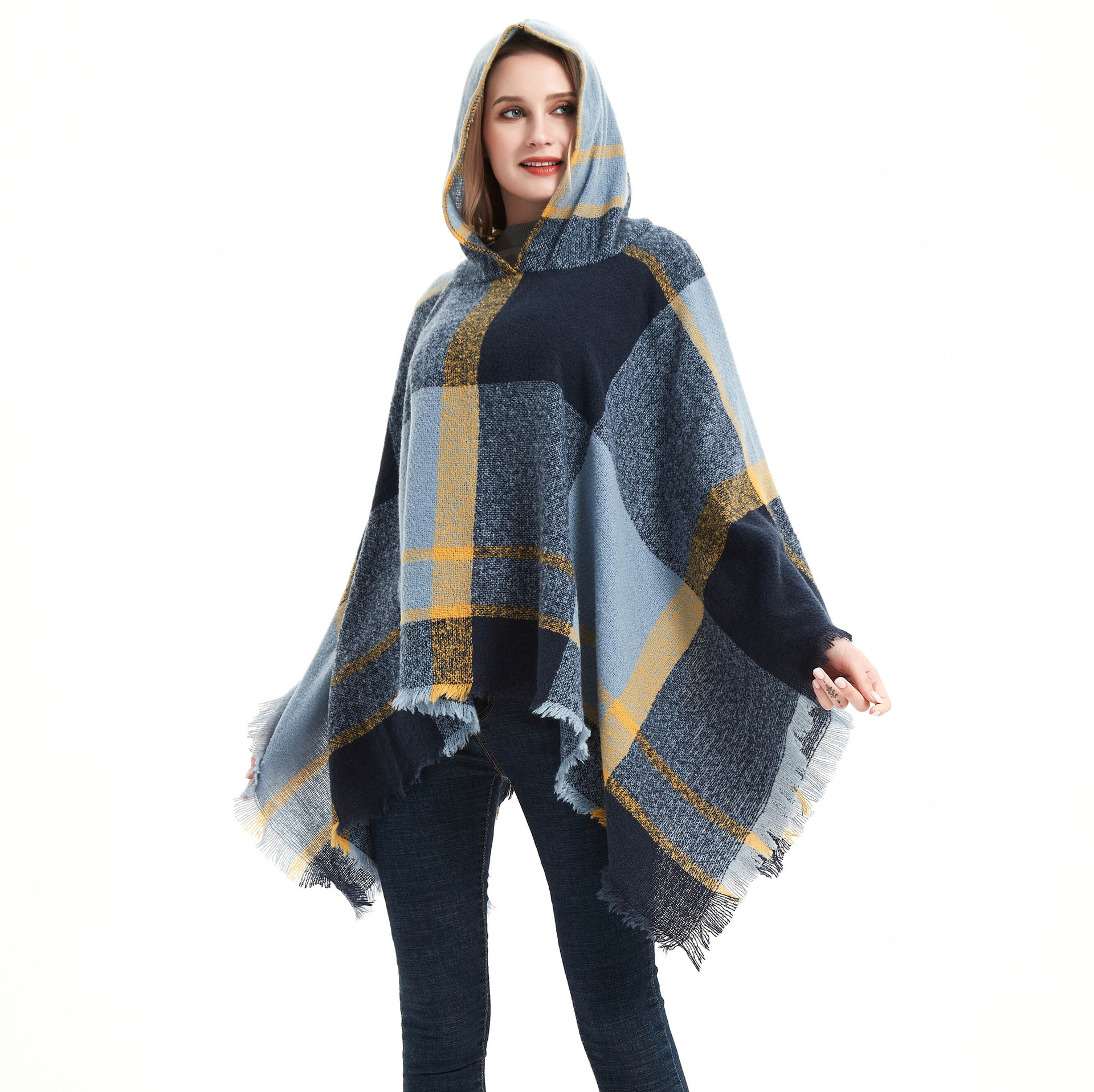 Manufacturers Directly Supply Europe And The United States Spring And Autumn Winter Spot Ring Sand Check Blue Women's Cape Hooded Cape Item Picture