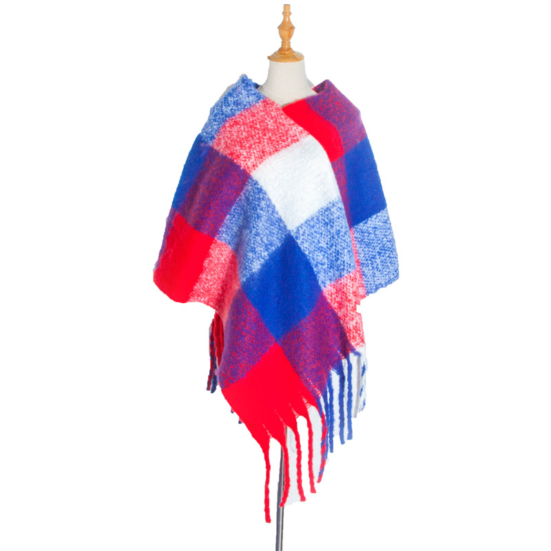 Europe And The United States New Autumn And Winter Women's Loop Yarn Coarse Beard Braid Fringe Plaid Thickened Cape Cape full figure